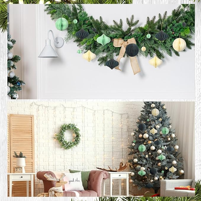 TecUnite 50 Pcs Christmas Paper Honeycomb Ornaments for Tree Vintage 3D Mini Glitter Edge Paper Christmas Ornament Honeycomb Tree Hanging Neutral Boho Holiday Xmas Party Decoration(White, Green)