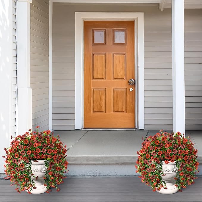 Artificial Hanging Flowers for Outdoors, 2 Pcs Fake Hanging Plant Spring Summer Decoration, UV Resistant No Fade Faux Flower for Porch Patio Yard Window Home Decor(Red Brown)