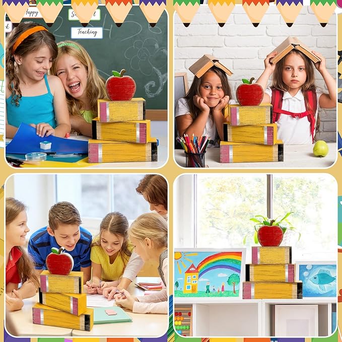 Lineshading 4 Pcs Back to School Table Decorations Retro Red Apples Decor Back to School Tiered Tray Decor Apple Centerpieces Rustic Wood Pencil Block Stack Sign Farmhouse Gifts for Home Shelf Mantel