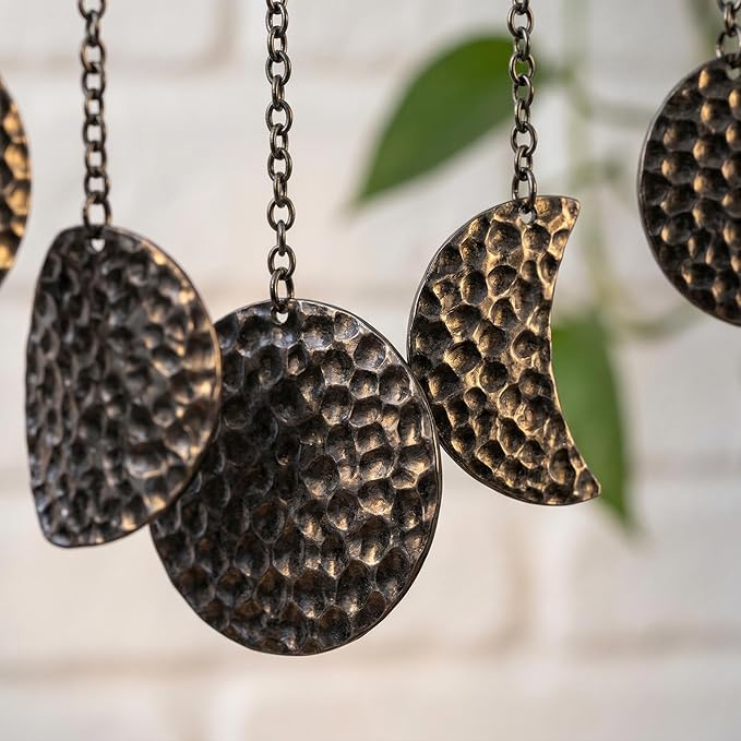 opulinea Moon Phase Garland Black Gunmetal Hammered Metal - Celestial Boho Wall Hanging Decor Moon Phases Ornament for Bedroom Aesthetic Above Bed Living Room Home Decor