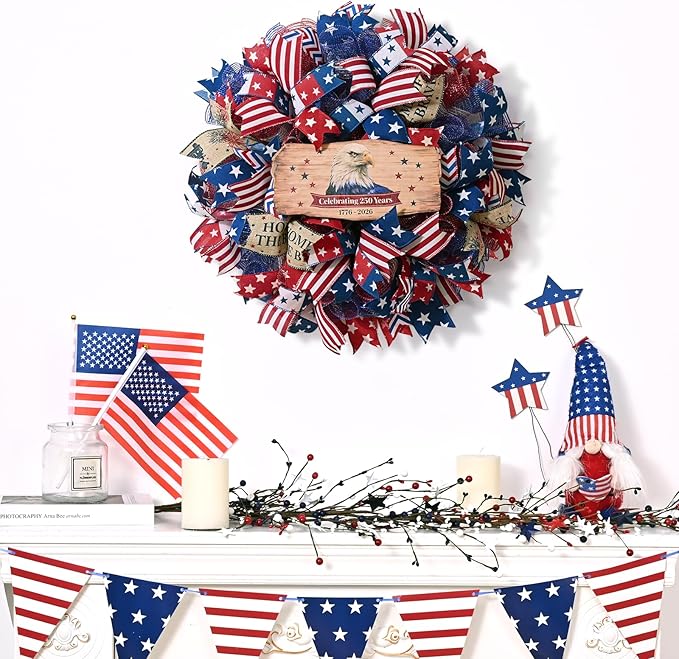 250th Anniversary Patriotic Wreath, 4th of July Wreaths for Front Door with Wooden Eagle Door Sign & Red White Blue Ribbon for Independence Day Memorial Day Patriotic Decorations(18In, 1Pcs)