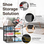 Reli. Shoe Boxes (7 Pack) | Clear Shoe Storage Boxes Stackable and Compact | Lightweight Plastic Storage Box with Ventilation Holes, Swing Door | Interlocking Containers, Stackable Rack | Black