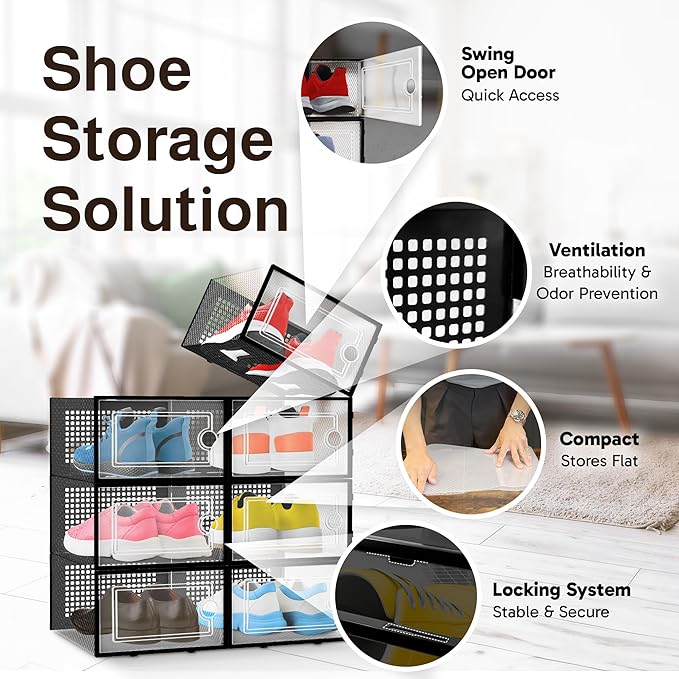 Reli. Shoe Boxes (7 Pack) | Clear Shoe Storage Boxes Stackable and Compact | Lightweight Plastic Storage Box with Ventilation Holes, Swing Door | Interlocking Containers, Stackable Rack | Black