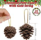 24 PCS Natural Pine Cones, 1.96 in Pinecone Ornaments, Rustic Pine Cones for Crafts, Winter Decorations for Home, Bulk Pines Cone with Gold String for Christmas Table Decor DIY Christmas Ornaments