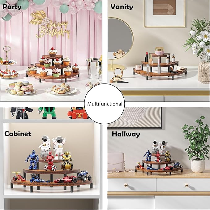 3-Tier Wooden Display Risers, Rustic Cupcake Stand, Perfume Organizer, Dessert Table Display Set for Party & Home Decor (2 Pack Brown)