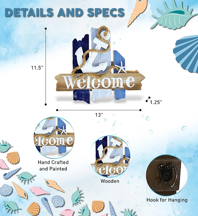 CoTa Global Atlantic Anchor Welcome Nautical Decor Sign - Nautical Themed Wood Sign, Beach Decor for Wall, Novelty White and Blue Starfish and Anchor Wooden Figure, Coastal Wall Decor Sign Accent