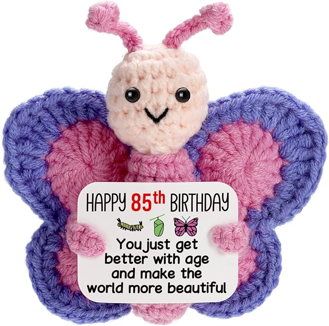85th Birthday Gifts for Women, Tiny Crochet Butterfly Plush with Pink Purple Wings Holding Positive Note, Happy 85th Birthday Decoration & Gift for 85 Year Old Women