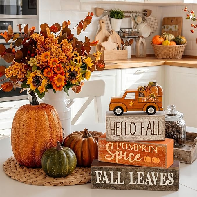 Moucuny 4 Pcs Fall Decoration for Home Fall Truck Decor Thanksgiving Tiered Tray Decor Rustic Wooden Truck Block Sign Thanksgiving Centerpiece Autumn Table Decorations for Harvest Party Kitchen Home