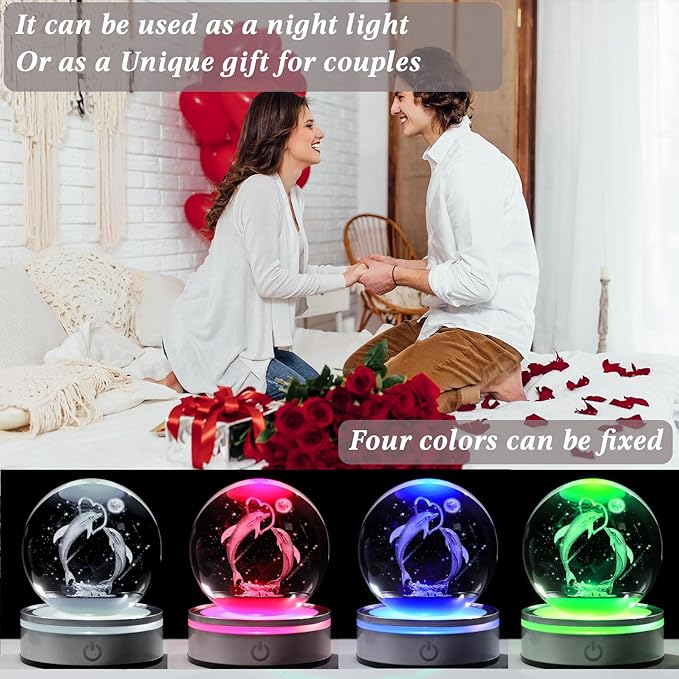 Movdyka Dolphin Gifts for Women Couples 3D Crystal Ball Dolphin Heart Statue Lamp Home Office Decor Snow Globes Dolphin Gifts for Girls on Birthday Wedding Christmas - 3.15"/8CM
