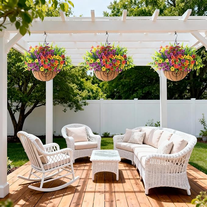 Homsunny Artificial Fake Flowers Plants Outdoors Spring Decor, Faux Flowers Silk Daisy Eucalyptus Plants UV Resisitant for Outside Planter Pot Front Porch Garden Patio Decoration(12 Bundles)