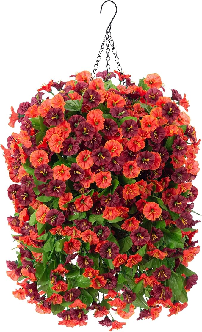 Artificial Flowers with Hanging Basket, Outdoor Faux Plants Silk Morning Glory Vines, Fake Green Arrangement for Garden Patio Spring Summer Decor(Orange Brown)