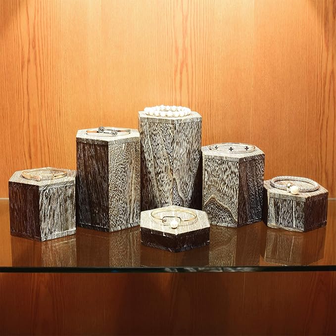 MOOCA Wooden 6 Pcs Hexagon Risers for Display Jewelry and Accessories Display Stand, Coffee