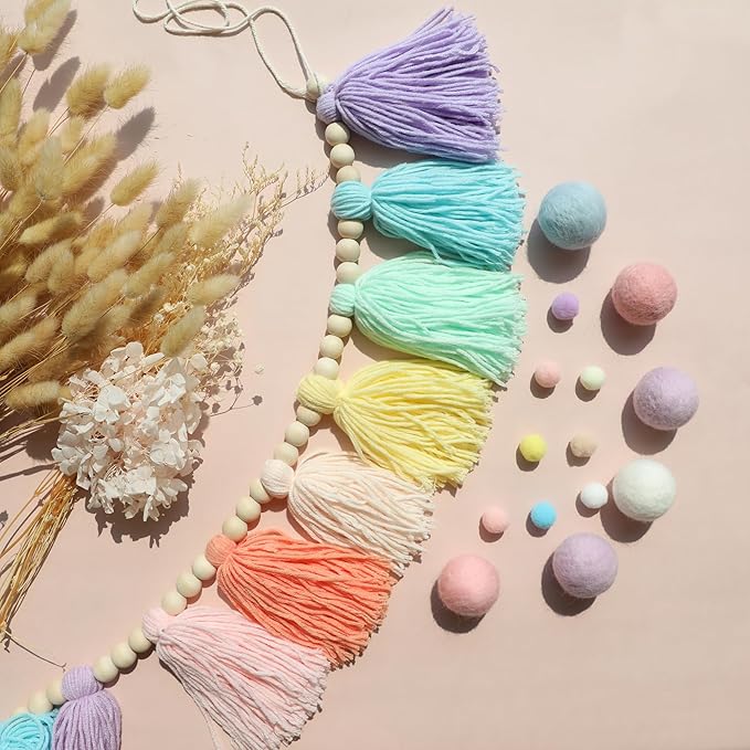 DCJHFJ Pastel Rainbow Boho Tassel Garland Wall Hanging with Wood Beads for Baby Shower Birthday Party Classroom Dorm Nursery Decor