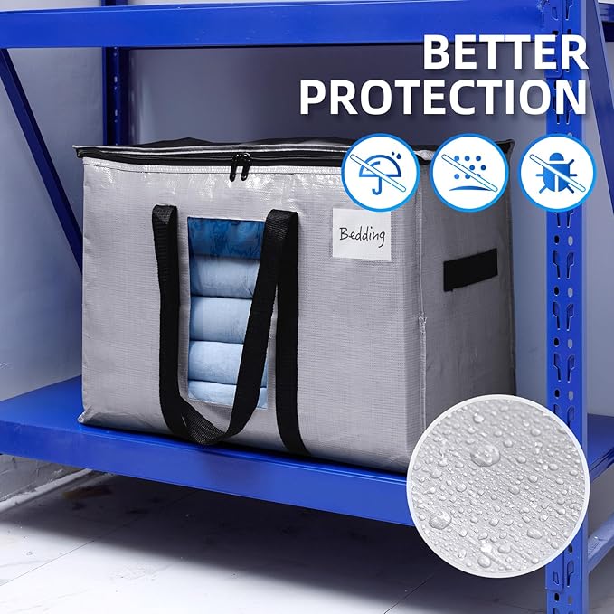 TAILI Extra Large Moving Bags, 4 Pack Silver Heavy Duty Totes for Storage with Visible Window, Wrap Around Handles, Space Saving Storage Bags for Moving Supplies, Alternative to Moving Boxes