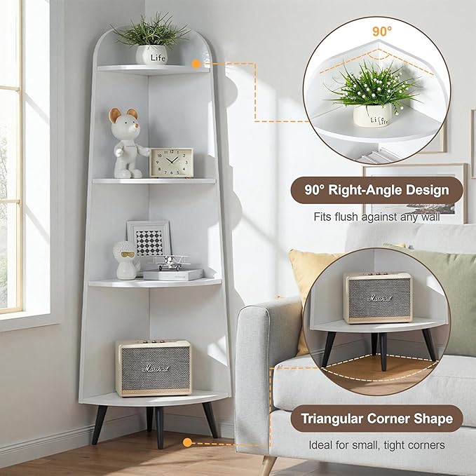 VECELO Large Tall Corner Shelf, 66.93" H 4-Tier Corner Storage Organizer, Freestanding Corner Display Rack for Living Room Bedroom Home Office, White