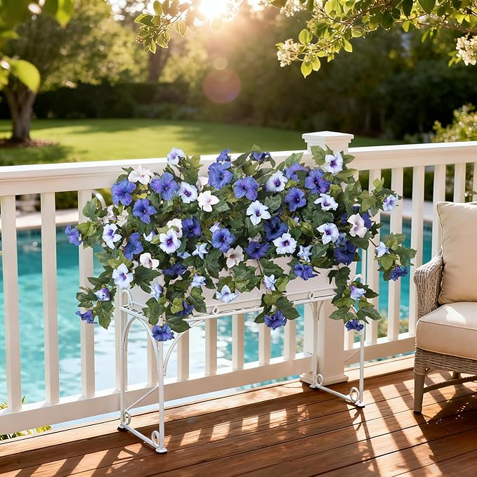 Artificial Fake Petunia Flowers for Outdoor Decoration, 2PCS Faux Silk Petunias Flower for Spring UV Resistant No Fade Realistic Plants for Garden Balcony Yard Porch Indoor Decor(Blue White)