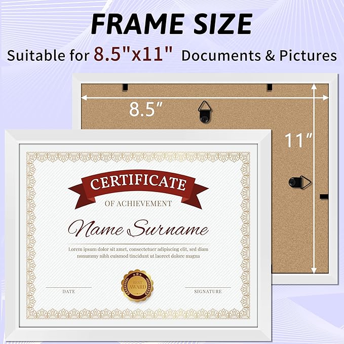 NEXCOVER Diploma Frame White 6 Pack, 8.5 x 11 Certificate Frame with HD Plexiglass, 8.5 by 11 Picture Frames for Documents, Photos, Posters, Artworks, Horizontal and Vertical Wall Display