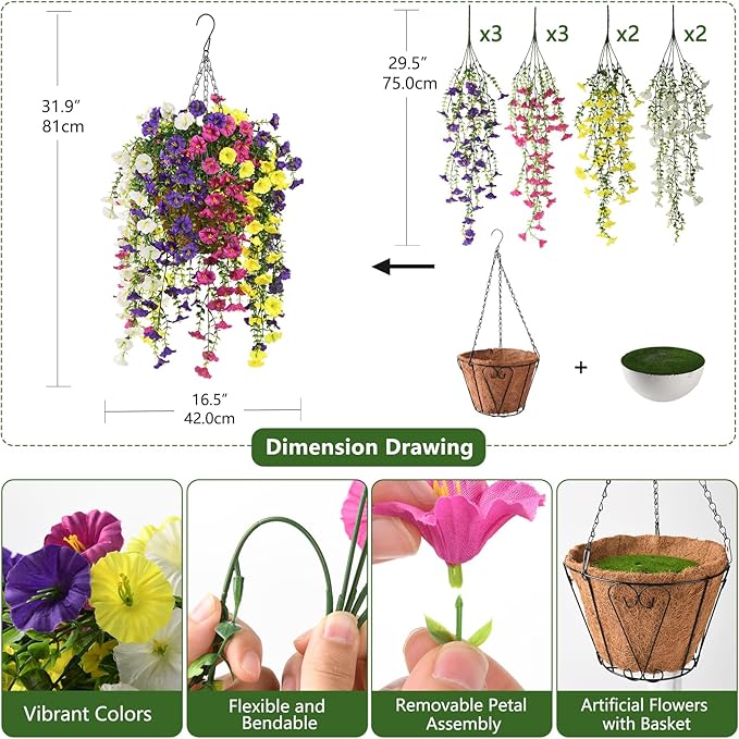 Homsunny Artificial Fake Hanging Flowers Plants Baskets for Outdoor Spring Decoration, Faux Morning Glory Silk Flower for Outside Realise UV Resistant Patio Yard Balcony Porch Home Decor (Mixed 2)