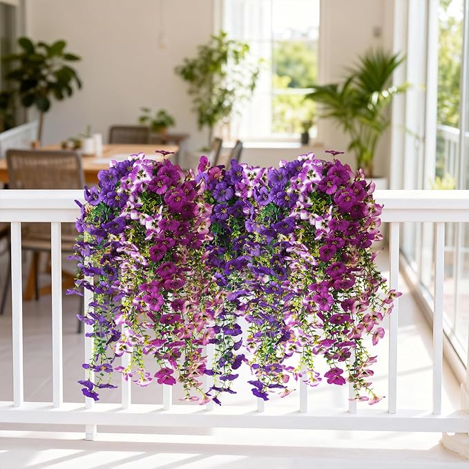 Fake Artificial Flowers for Outdoors, 4 Pcs Faux Hanging Pansy Flowers Spring Summer Decor, UV Resistant No Fade Fake Plants Silk Flower for Planter Front Door Porch Patio Yard Garden(Mixd Purple)