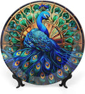Decorative Plates, Watercolor Peacock Stained Glass Design Ceramic Dinner Plate Home Wobble-Plate with Display Stand, Wall Hanging Decor for Kitchen Household 10 Inch, Gifts for Peacocks Lover