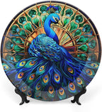 Decorative Plates, Watercolor Peacock Stained Glass Design Ceramic Dinner Plate Home Wobble-Plate with Display Stand, Wall Hanging Decor for Kitchen Household 10 Inch, Gifts for Peacocks Lover