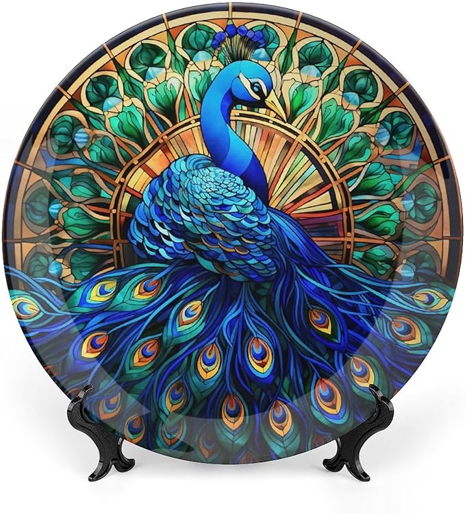 Decorative Plates, Watercolor Peacock Stained Glass Design Display Plate for Home Office Kitchen Table Decor Porcelain Plates 8 Inch, Gifts for Peacocks Lover