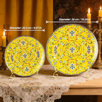Decorative Plates Set for Display, Yellow Ceramic Plate Decor with Stand, Handmade Vintage Porcelain Ornament for Table, Living Room, Kitchen, Office, Perfect Chinese Style Dish Gift (8in+10in)