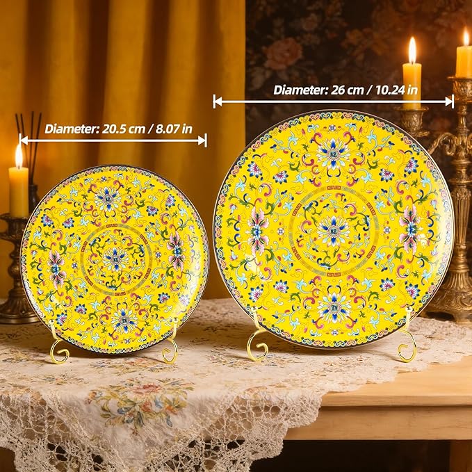 Decorative Plates Set for Display, Yellow Ceramic Plate Decor with Stand, Handmade Vintage Porcelain Ornament for Table, Living Room, Kitchen, Office, Perfect Chinese Style Dish Gift (8in+10in)
