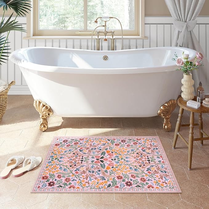 Moynesa Floral Pink Washable Rug, 2x3 Boho Bathroom Rugs Non Slip Soft Bedroom Accent Mat Ultra Thin Flower Small Indoor Door Mat for Entryway Kitchen Bedside, Pink