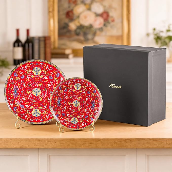 KAMMAK Decorative Plates Set for Display, Red Ceramic Plate Decor with Stand, Handmade Vintage Porcelain Ornament for Table, Living Room, Kitchen, Office, Perfect Chinese Style Dish Gift (8in+10in)