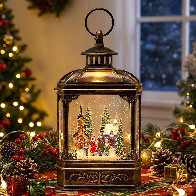 Christmas Snow Globe Lantern Water Glittering Town Home with Carolers, Music & Timer, USB Lined/Battery Operated Lighted Lantern for Christmas Festival Decoration Gifts