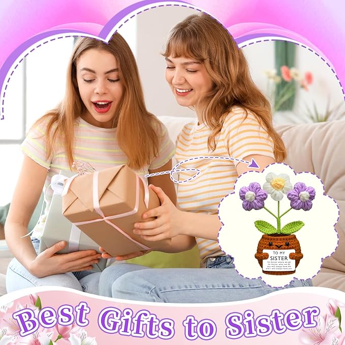 Wavwavw Sister Gifts Handmade Crochet Doll with Card Crochet Present for Sisters Sis Big Little Sister Birthday Wedding Home Decor(Purple Flowers)