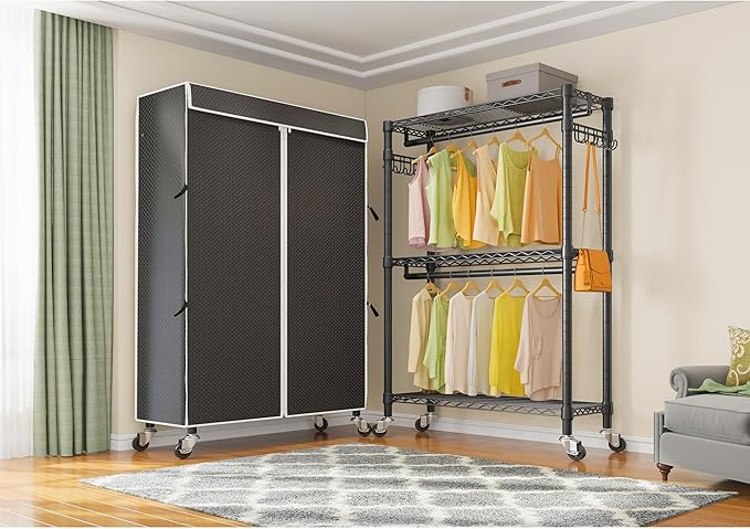 VIPEK R2C Heavy Duty Rolling Garment Rack with Cover, Portable Closets with Double Rods & Lockable Wheels, Covered Clothing Rack for Hanging Clothes, Black Rack with Black Upgraded Polyester Cover