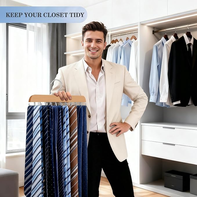 Tie Rack Hanger for Closet 20 Foldable Hooks, 2 Pack Wooden Non Slip Large Capacity Space Saving Tie and Belt Organizer with 360°Rotating Hooks for Tank Tops Bras Scarves Hat