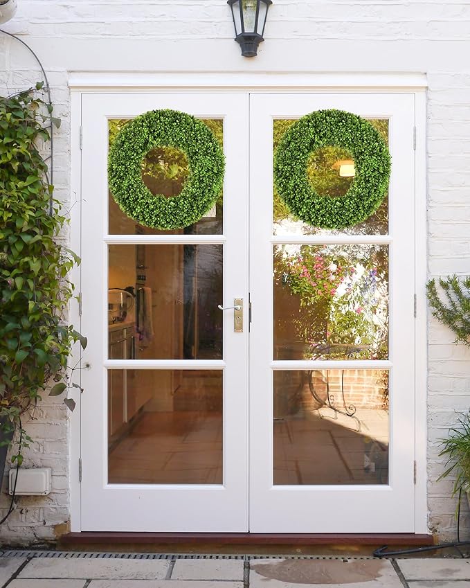 DDHS 19''Boxwood Wreaths for Front Door，Artificial Spring Wreaths for Farmhouse Wedding Green Year Round Indoor Outdoor for Fall Summer Christmas Wreath Home Decorations-Green