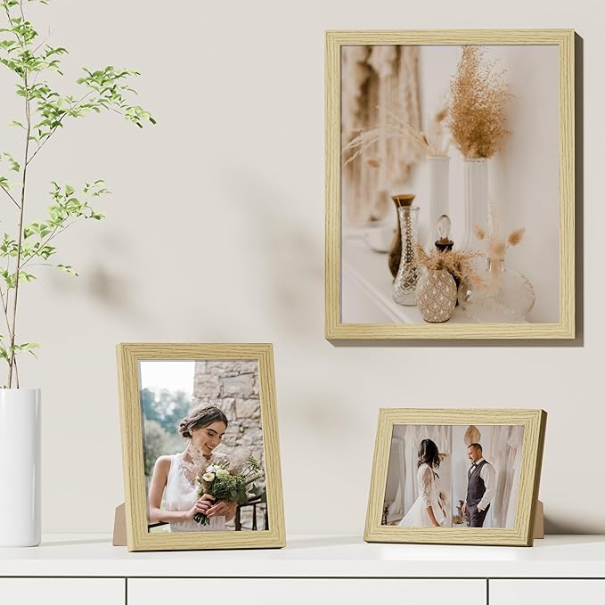 Vittanly 11x14 Picture Frames Set of 9, Shatter Resistant Plexiglass, Display 8x10 Pictures with Mat or 11x14 without Mat, Photo Frames for Wall or Tabletop, Engineered Wood, OAK