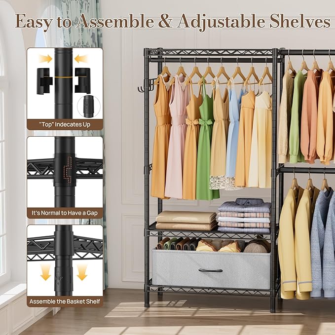 Coat Rack Clothes Wardrobe：Closet Organizer and Storage Clothing Garment Rack with Shelves Heavy Duty for Hanging Clothes Portable Adjustable Black 15.8" DX69 WX76.5 H