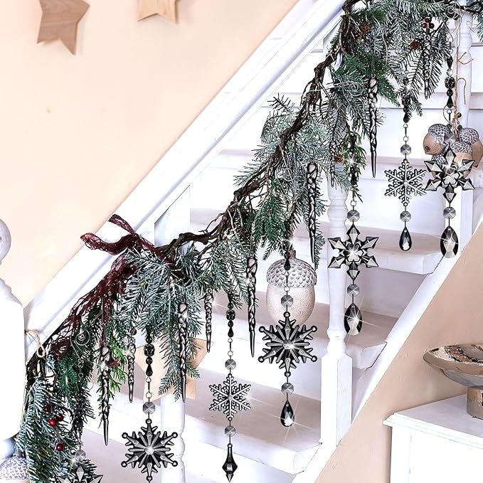 Giegxin 32 Pcs Crystal Christmas Ornaments Crystal Hanging Snowflakes Acrylic Xmas Tree Icicle Drop Decorations with Hooks for Christmas Snow Party Winter (Black)