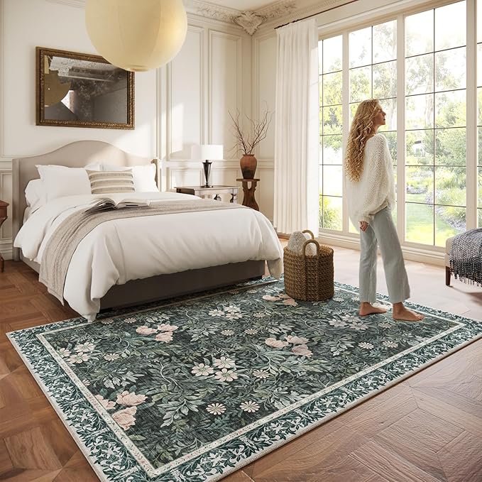 Vintage Floral with Ornate Border Washable 6x9 Area Rug, Soft Low Pile Carpet for Living Room, Dining Room Under Table, Bedroom | Non-Slip, Stain Resistant & Durable