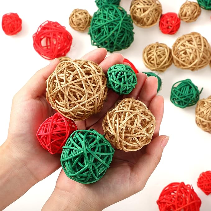 Patelai 36 Pcs Wicker Rattan Balls Decorative Balls for Vase Centerpiece Bowls Orbs Filler for Home Decor,4 Sizes(Red, Green, Gold,2.4'',2'',1.6'',1.2'')