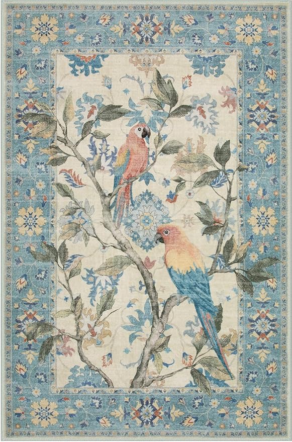 Lahome Botanical Birds 5x7 Washable Blue Living Room Rugs, Soft Non Slip Dining Room Rugs for Under Table, Boho Vintage Indoor Floor Carpet for Bedroom Home Office (5x7ft,Blue)
