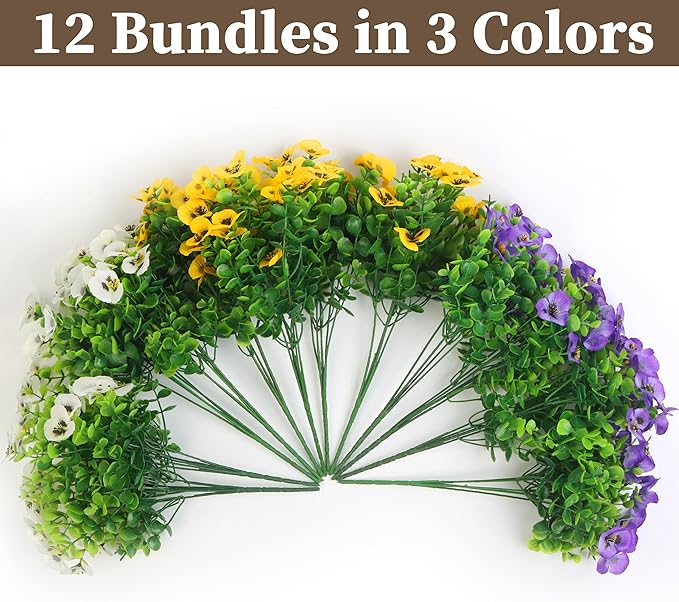 12 Bundles Artificial Fake Pansy Flowers for Outdoor - Yellow, White & Purple Faux Pansies Flowers, Fake Flowers for Outdoor Planters, Porch, Garden, Window Boxes, and Home Decoration