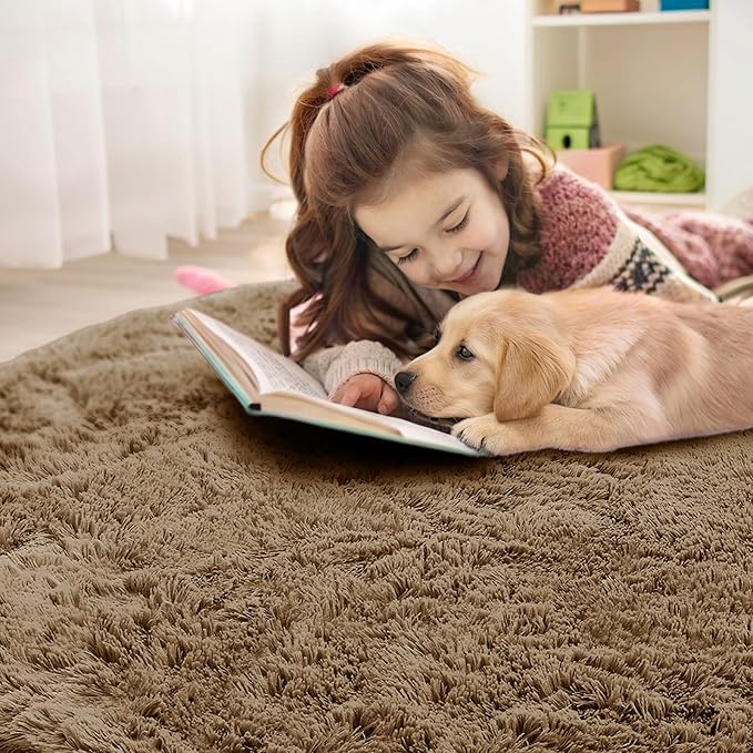OLANLY Taupe Round Rugs for Bedroom - Machine Washable, 7 ft Circle Area Rugs for Living Room, Soft and Fluffy Shaggy Carpet for Teen Girl and Boys, Nursery Rooms, Dorms, Home Decor Aesthetic