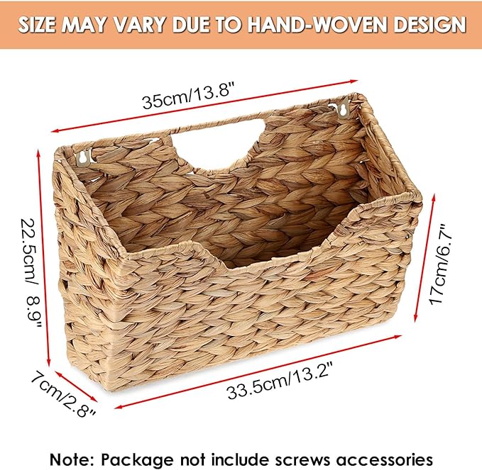 BTSKY Woven Hanging Magazine Holder, Water Hyacinth Magazine Basket, Wall Mounted Storage Basket for Books & Files, Wall File Organizer Magazine Rack with Handle for Home & Office - 13.2x2.8x8.9 Inch