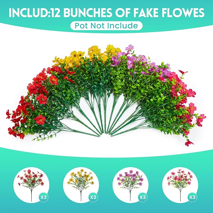 Fake Flowers for Outdoors Faux Plants Outside Indoor,UV Resistant Realistic Silk Artificial Daisy for Home Patio Garden Back Yard Front Poch Decor Spring Summer(12 Bunches,4 Multi Colors)