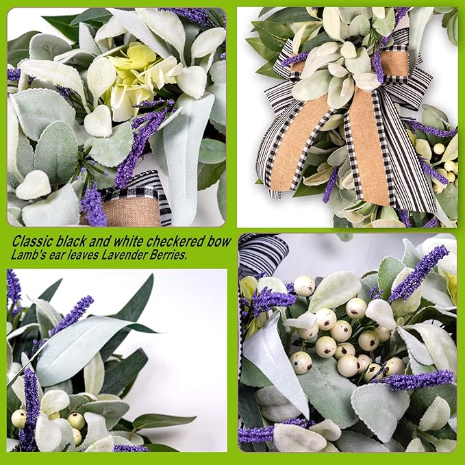 Lambs Ear Wreaths for Front Door All Season Home Decor Pocrh Wall, 20" Green Handmade Farmhouse Spring Summer Wreath with Lavender Bow