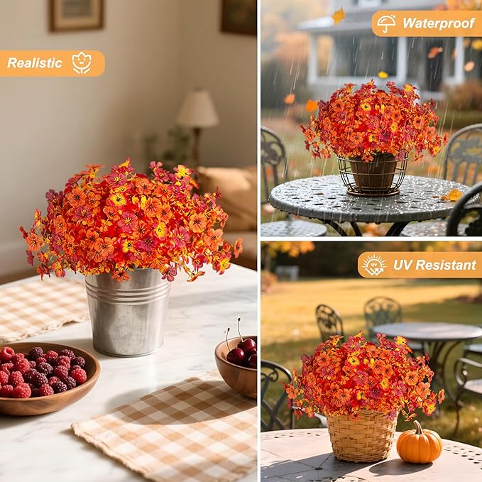Artificial Fake Mums Fall Flowers for Outdoor Outside Decoration 12 Bundles Faux Silk Flowers Plants Realistic Daisy UV Resistant Fall Décor Autumn Front Door Porch Patio Yard Decoration