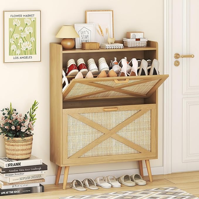 Shoe Cabinet with 2 Flip Drawers, Farmhouse Hidden Shoe Storage Cabinets, Narrow Wooden Shoes Organizer for Entryway, Slim Freestanding Shoe Rack Cabinet for Front Door Entrance, Rattan Natural