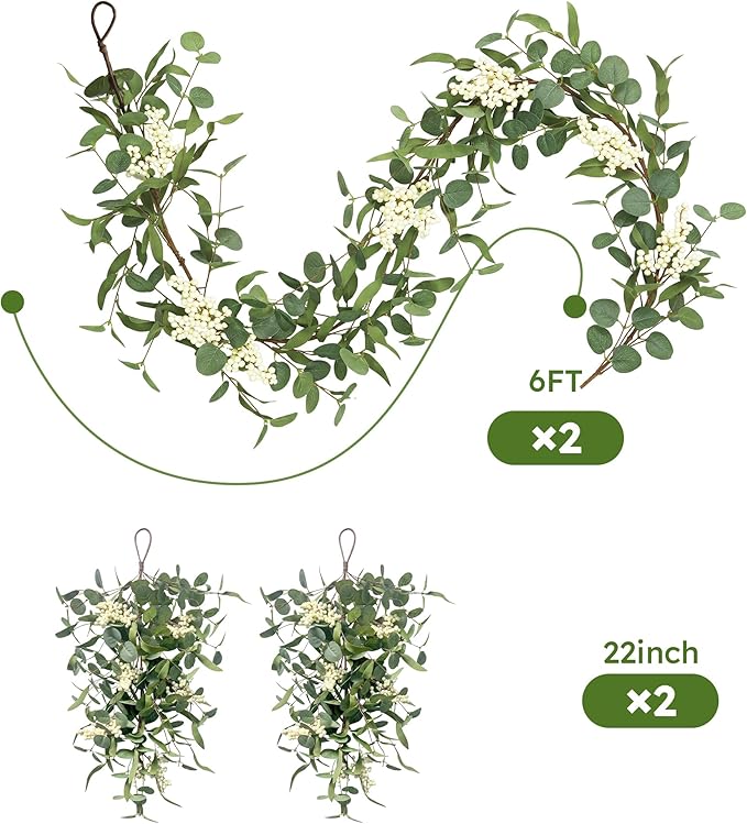 Pinkpum 20'' Eucalyptus Wreath 22'' Teardrop Swags Set 4 for Front Door Fireplace Hanging Porch Wall Home Window Kitchen Decor Farmhouse Garden Party Indoor Outdoor Summer Spring Fall All Seasons