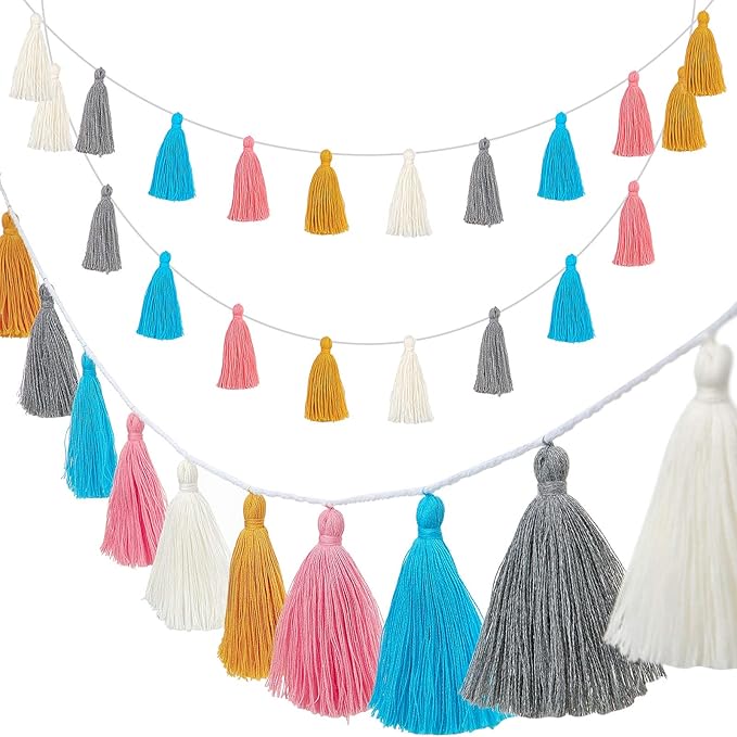 WILLBOND 4 Pieces Valentine's Day Tassel Garland for Classroom Wall Decor Boho Pastel Garland Cotton Tassel Banners for Party School(3.1 Inch,Yellow, Gray, Blue, Pink, White)